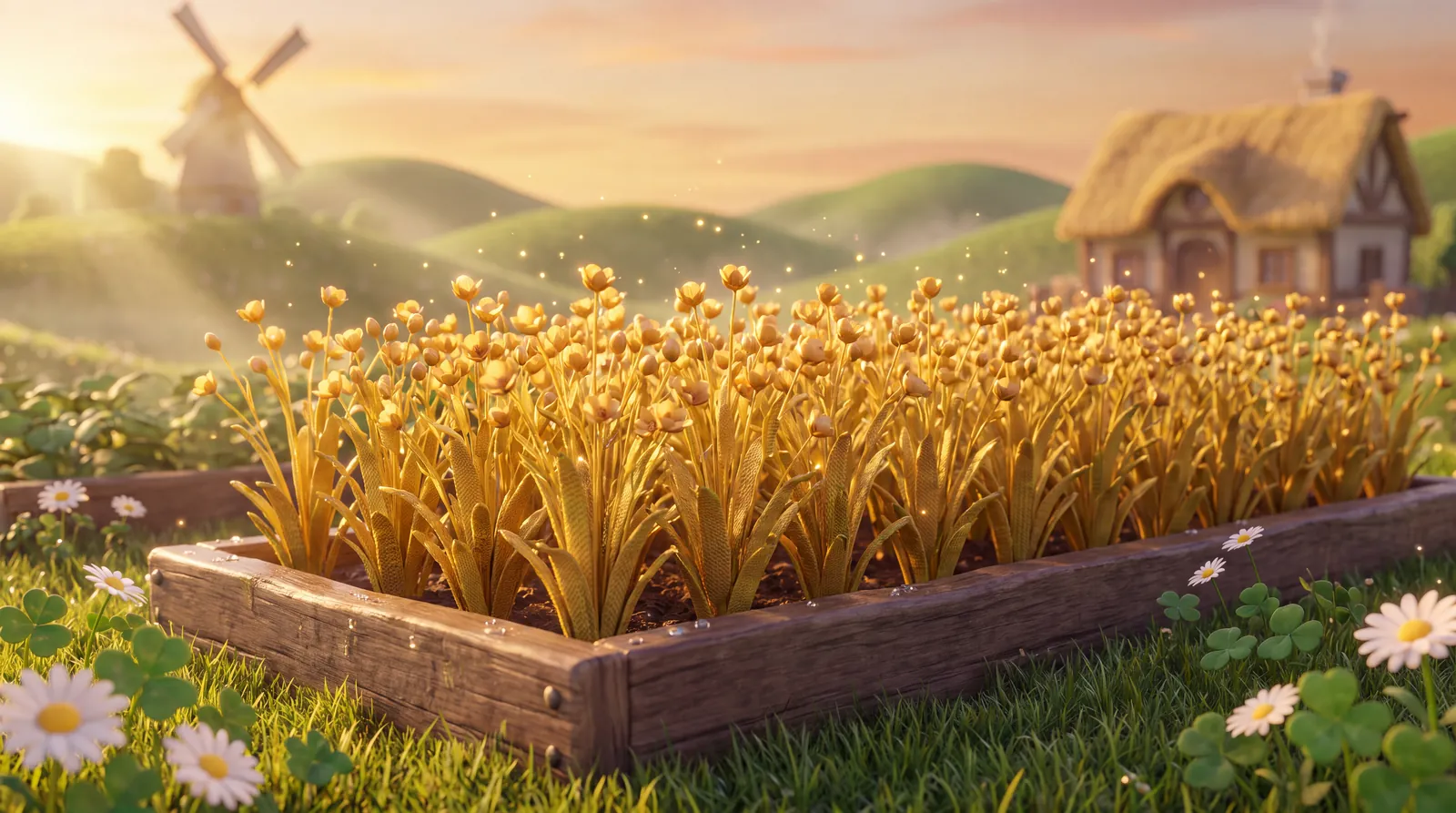 The same garden bed at sunrise, full of tall ripe golden flax
