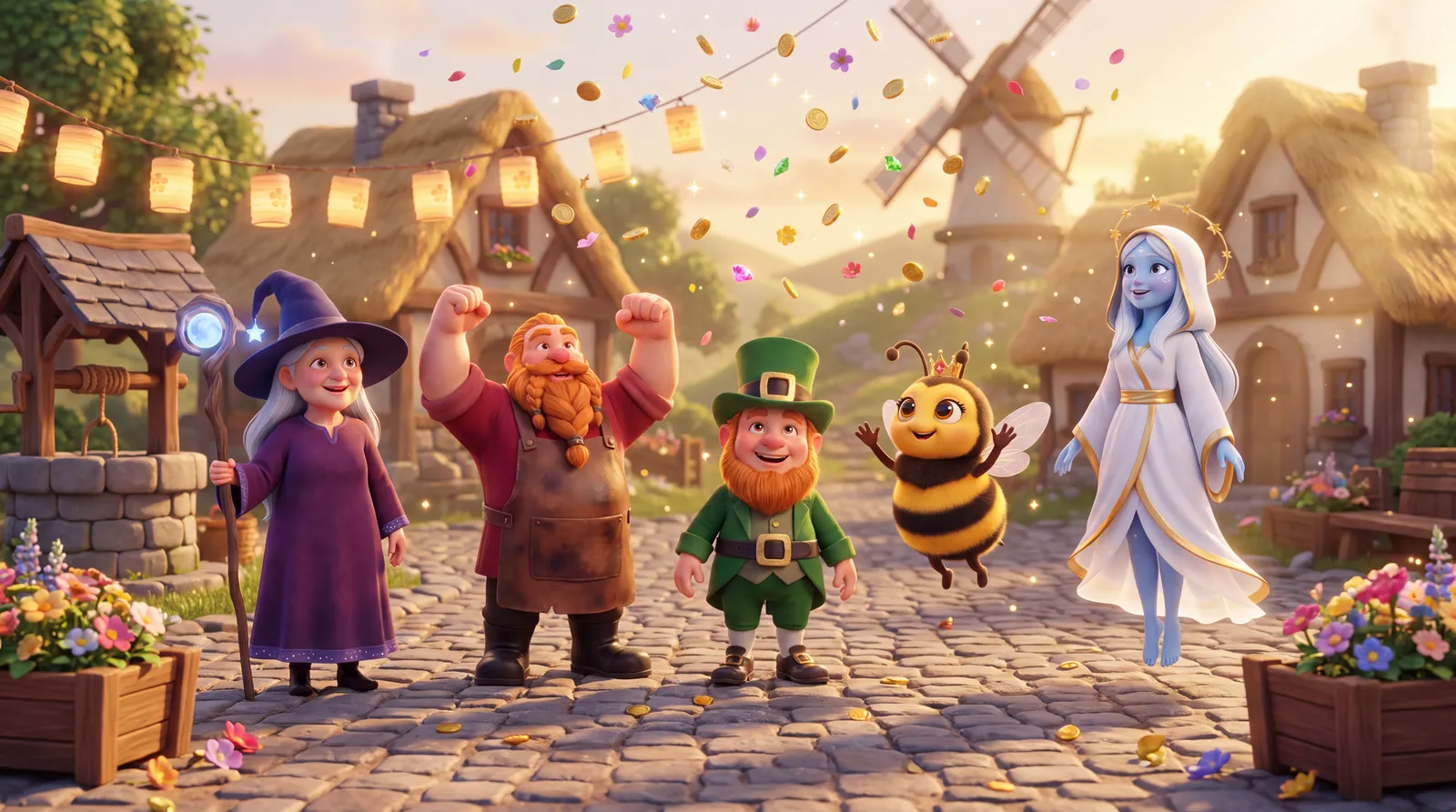 The five Bloomsprite friends cheering together in the village square