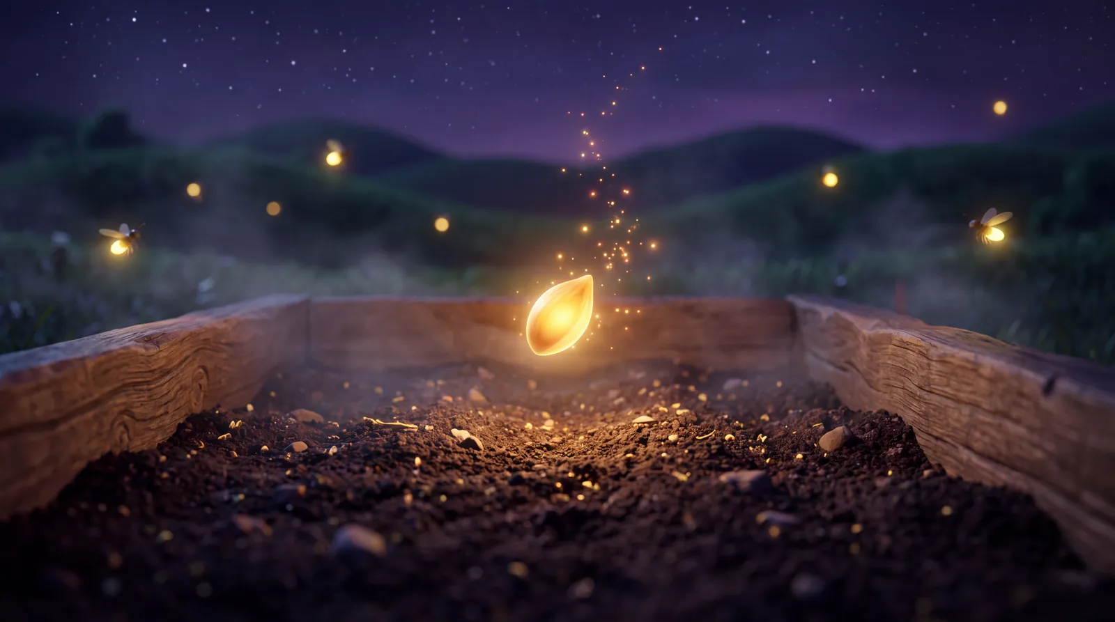 A glowing golden seed drifting down into a raised garden bed under the stars