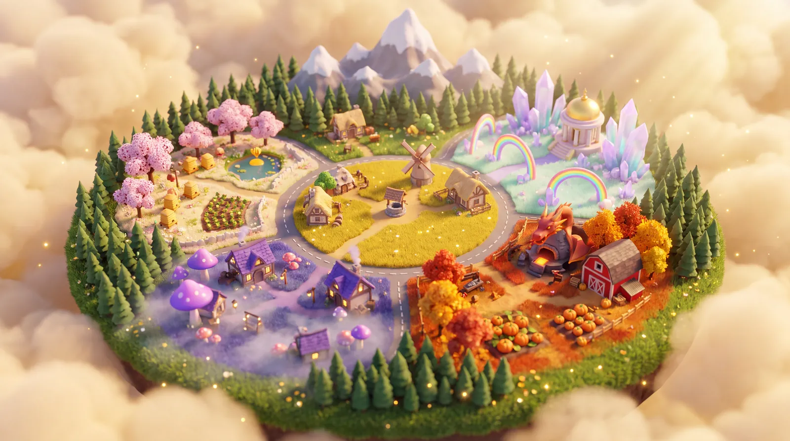 The whole Bloomsprite world as one round island among the clouds, with five lands around a village