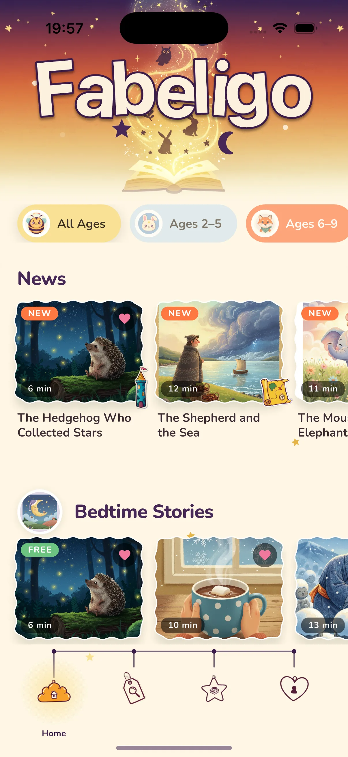 Fabeligo home screen with age filters and story shelves